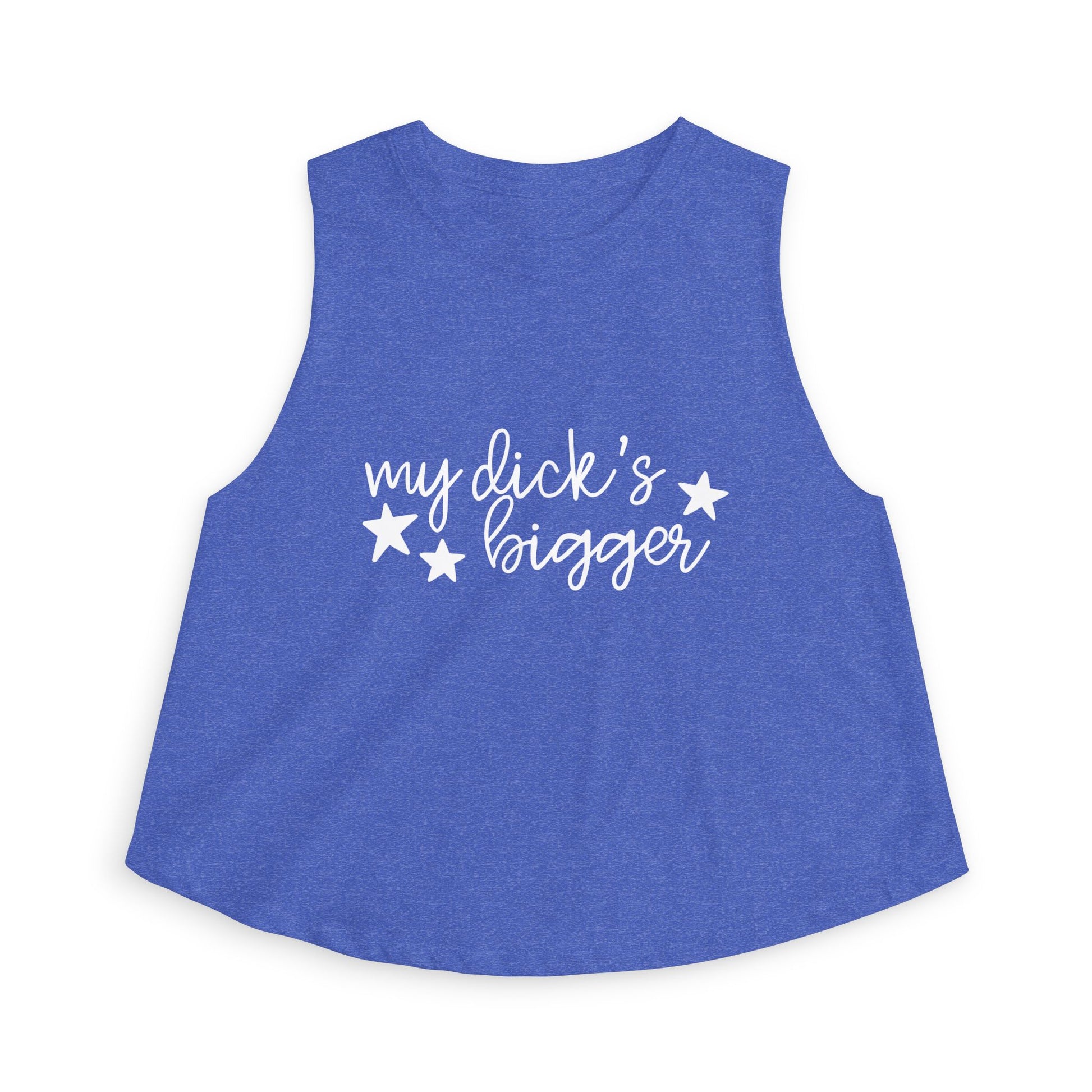 My Dck's Bigger Crop Top Funny Feminist Women's Cropped Tank by Spinsterly Co in royal blue with cursive star graphic