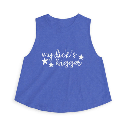 My Dck's Bigger Crop Top Funny Feminist Women's Cropped Tank by Spinsterly Co in royal blue with cursive star graphic