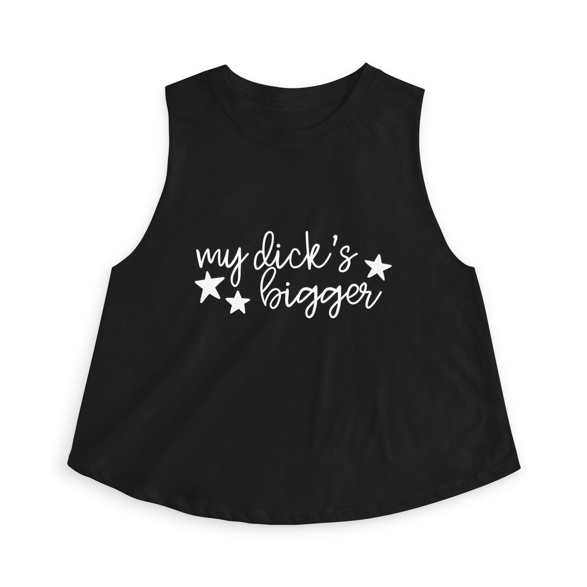 My Dck's Bigger Crop Top Spinsterly Co funny feminist women's cropped tank in Dark Grey Heather with cursive star graphic