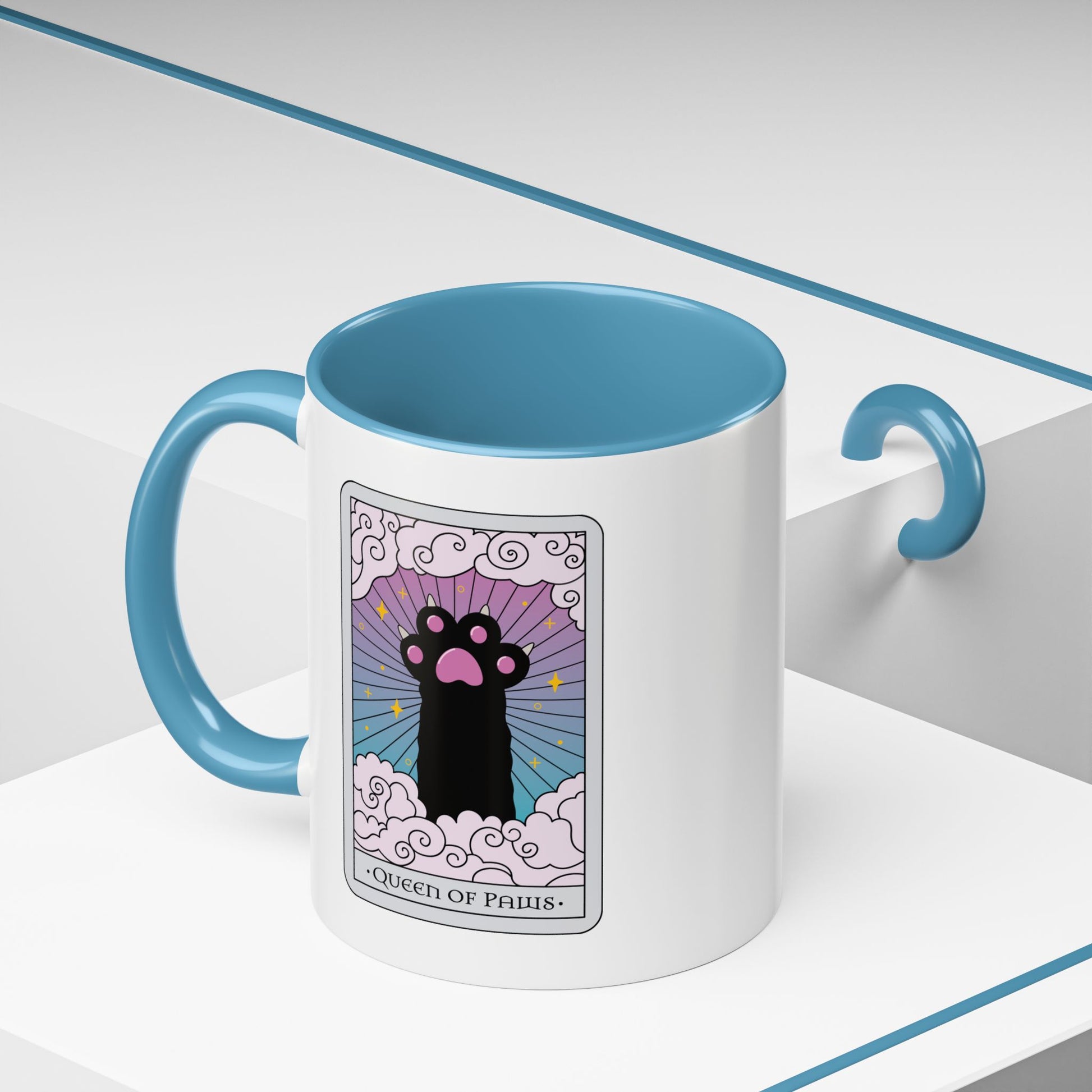 Queen of Paws Accent Coffee Mug by Spinsterly Co, light blue ceramic with tarot cat ornate border