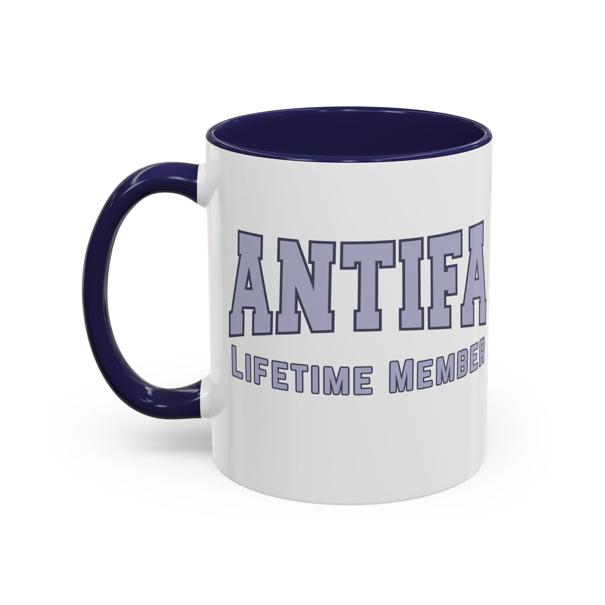 Antifa Lifetime Member Accent Coffee Mug by Spinsterly Co in Navy with bold collegiate block lettering