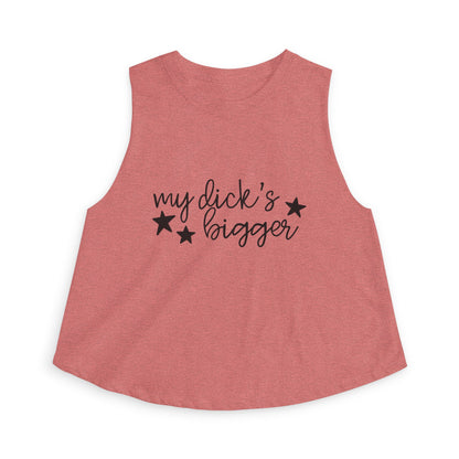 My Dck's Bigger Crop Top Funny Feminist Women's Cropped Tank by Spinsterly Co in heather mauve with cursive star graphic