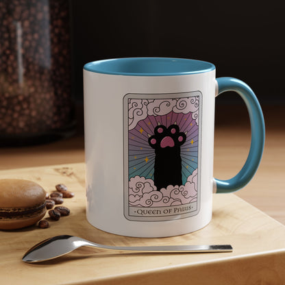 Queen of Paws Accent Coffee Mug by Spinsterly Co, Light Blue ceramic mug with glossy tarot cat border art