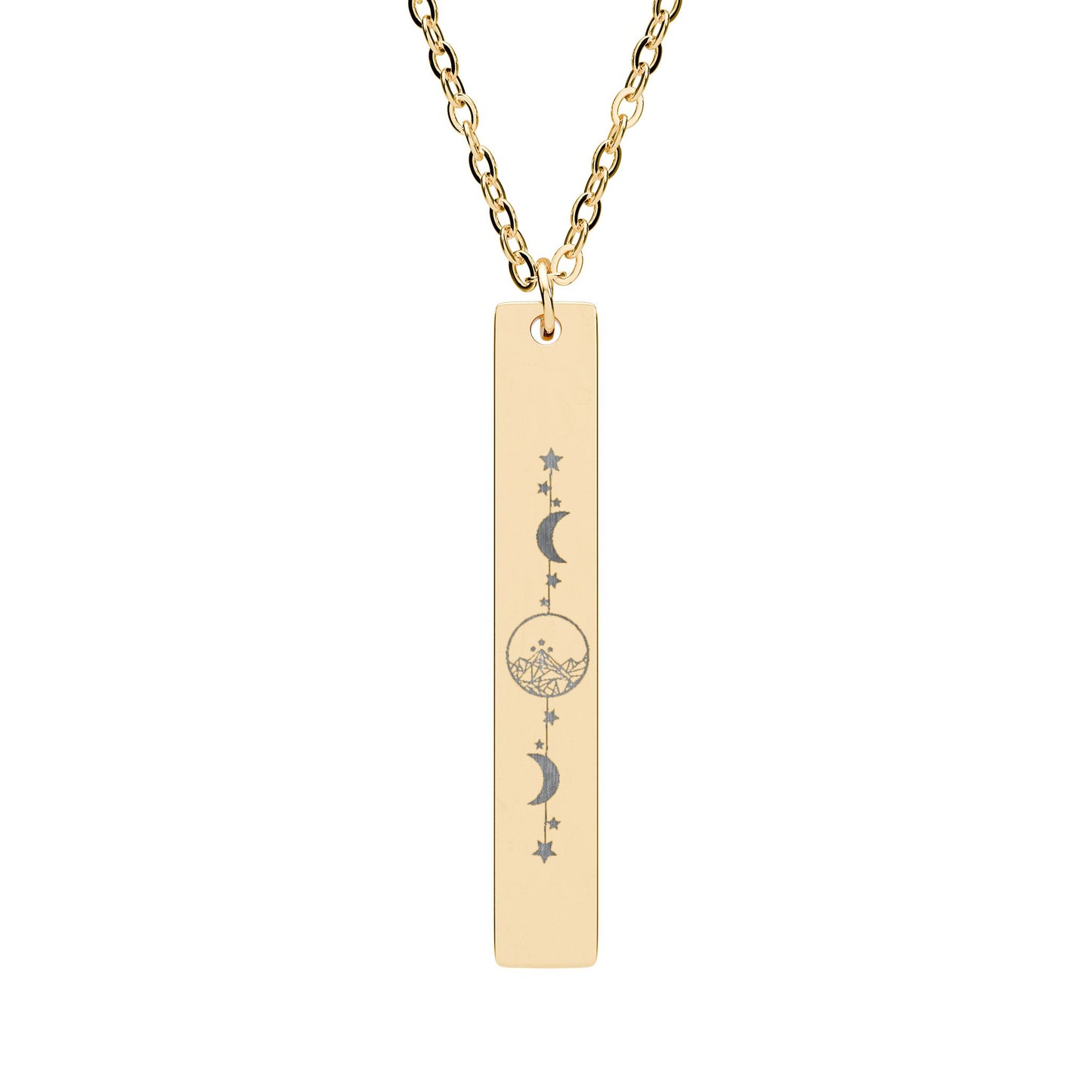 Starlight City Vertical Bar Necklace by Spinsterly Co, 18K Gold PVD engraved pendant with celestial starlight design