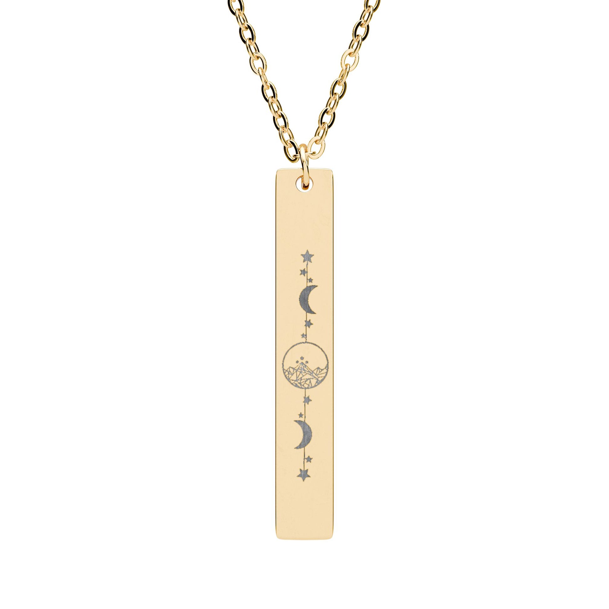 Starlight City Vertical Bar Necklace by Spinsterly Co, 18K Gold PVD engraved pendant with celestial starlight design