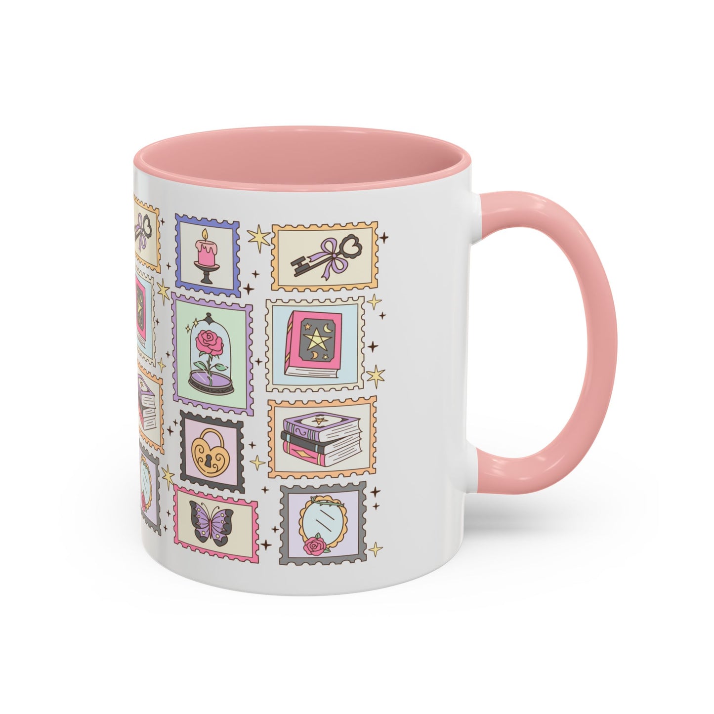 Whimsical Bookish Stamp Collection Coffee Mug Cottagecore Romantasy Mug Spinsterly Co pink ceramic glossy full-wrap stamp vignette