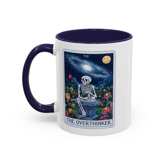 The Overthinker Tarot Card Accent Coffee Mug by Spinsterly Co in Navy with glossy ceramic skeleton illustration