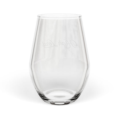 Clear glass stemless wine glass on a white background