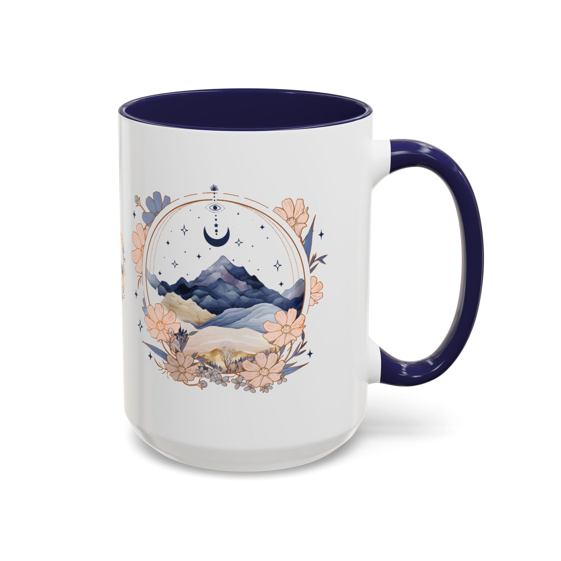 Moon Phase Celestial Accent Coffee Mug by Spinsterly Co in Navy with glossy ceramic moon and mountain illustration