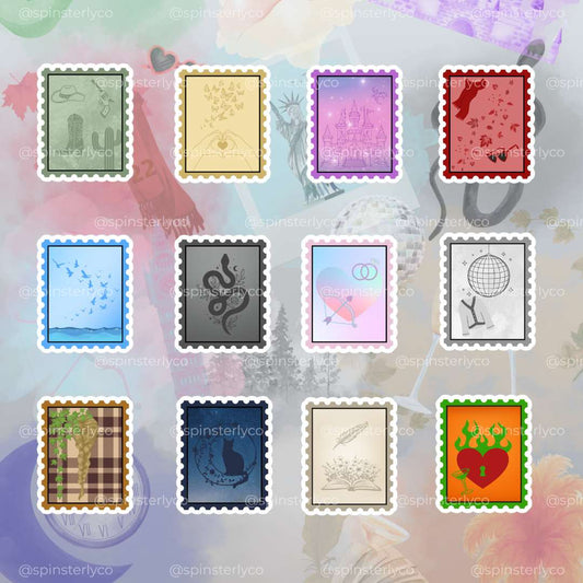 A grid of 12 postage stamp-style designs with different illustrated motifs, including a lighthouse, floral pattern, purple abstract art, a red heart, a blue wave scene, a snake, a heart with two rings, a globe, palm trees, a blue bird silhouette, a feather quill, and a red heart with green flames. The background is a soft pastel collage with faint illustrations and repeated '@spinsteryco' watermarks.