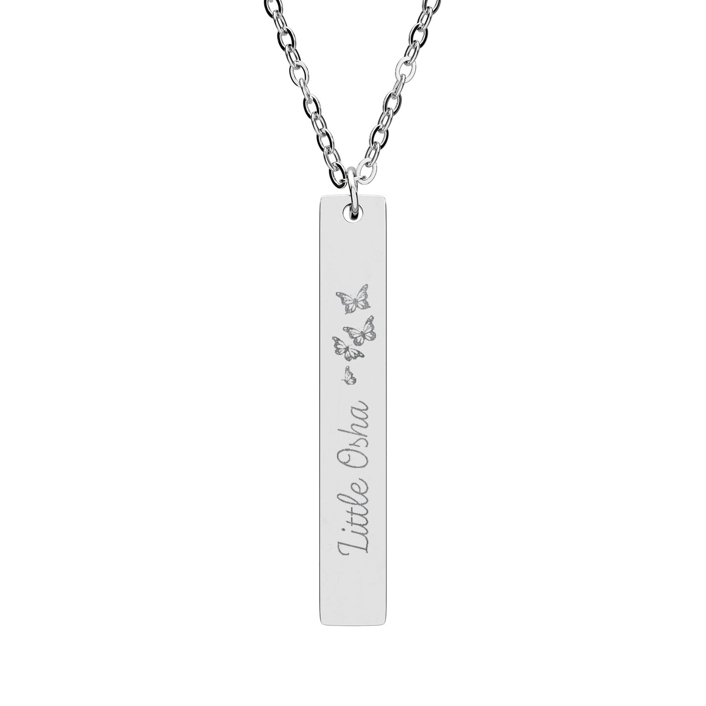 Little Osha Butterfly Engraved Vertical Bar Necklace by Spinsterly Co in stainless steel with three butterflies