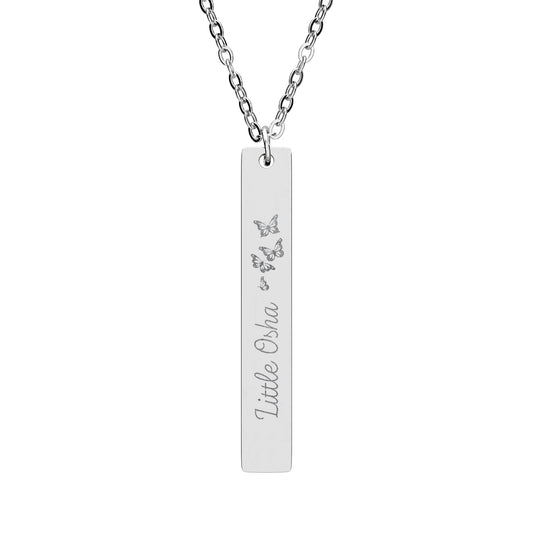 Little Osha Butterfly Engraved Vertical Bar Necklace by Spinsterly Co in stainless steel with three butterflies