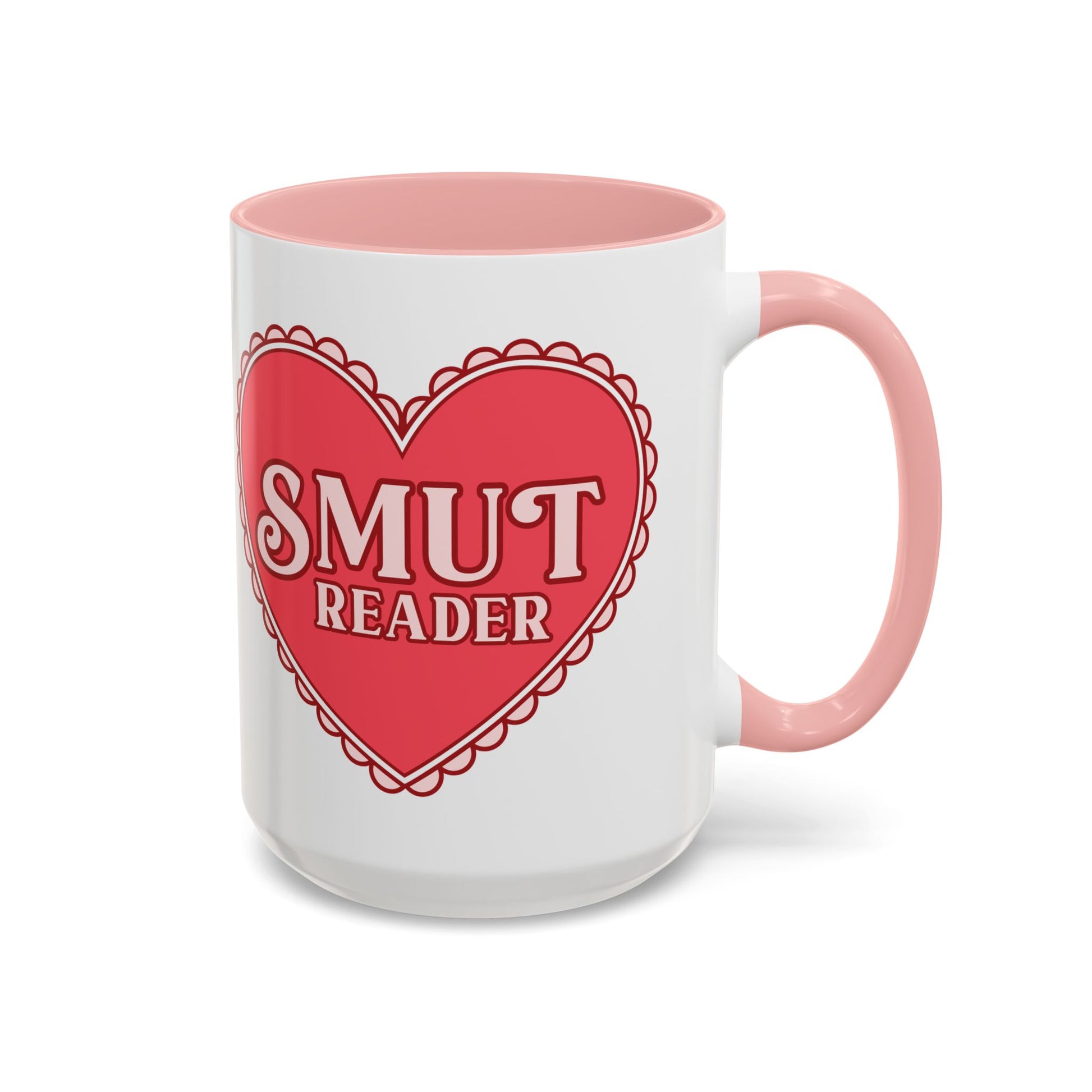 Smut Reader Bold Lace Heart Accent Coffee Mug Spinsterly Co pink glossy ceramic with scalloped lace heart graphic