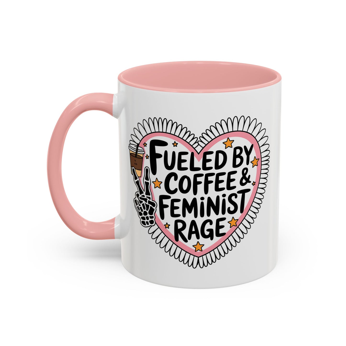 Fueled by Coffee Feminist Rage Accent Coffee Mug Spinsterly Co pink glossy ceramic mug with daisy-edged heart badge