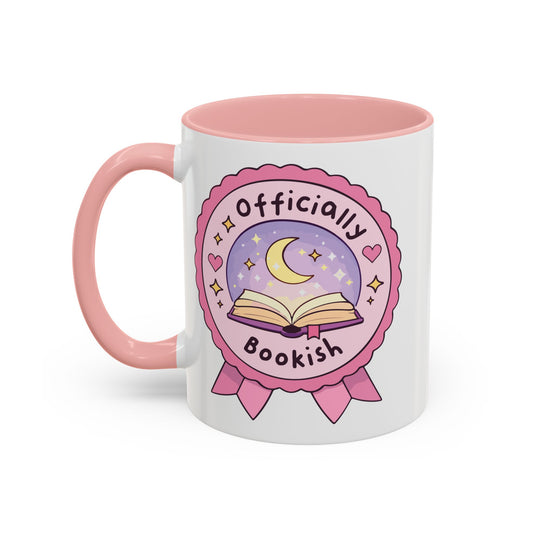 Officially Bookish Accent Coffee Mug Pink Interior by Spinsterly Co, pink interior ceramic with rosette badge graphic