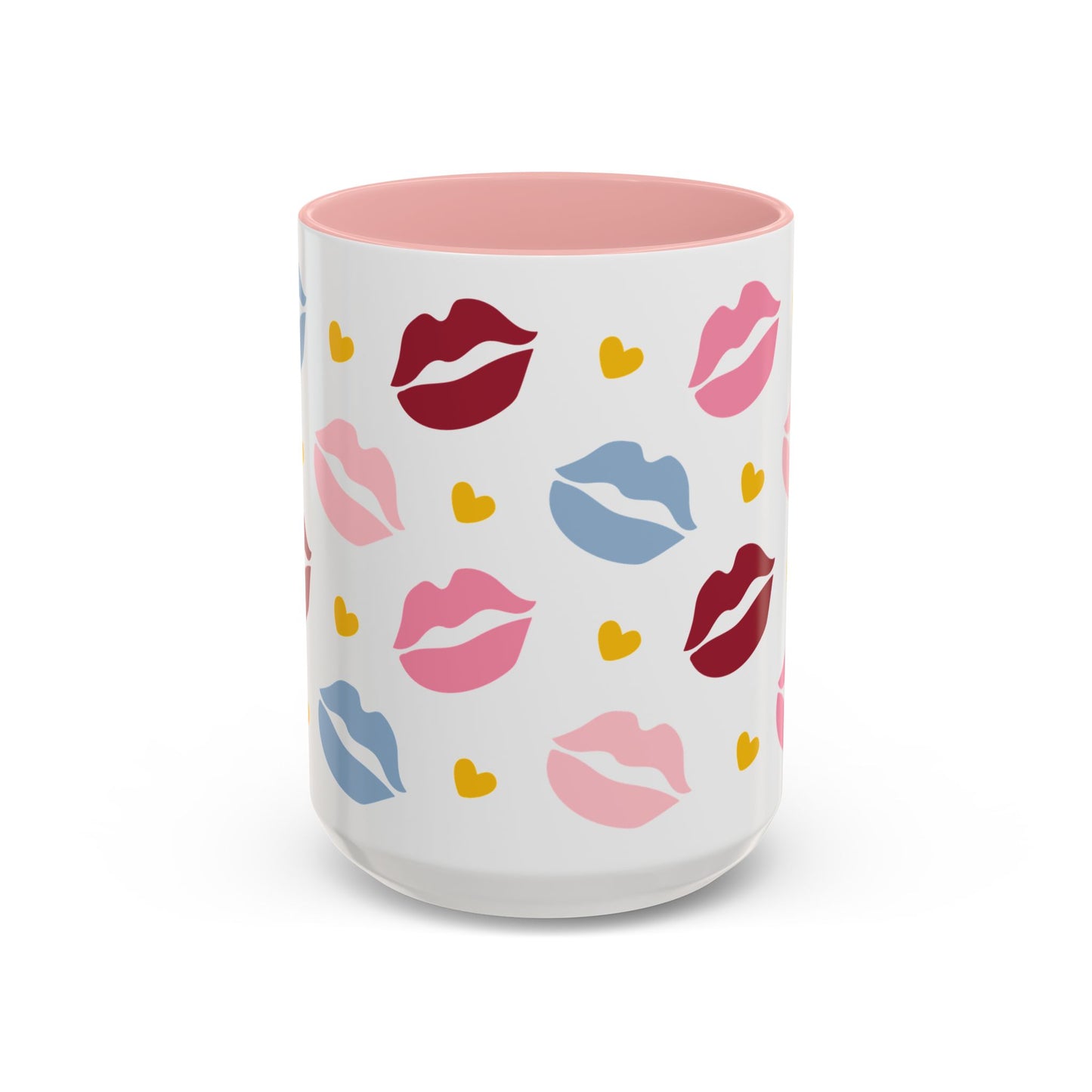Lips and Hearts Kiss Pattern Accent Coffee Mug Pink Valentine Romantic Gift by Spinsterly Co, glossy ceramic C-handle