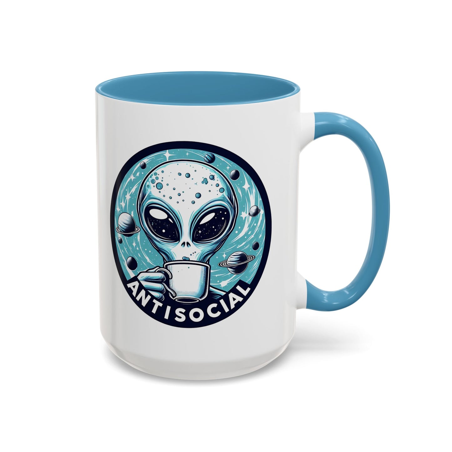 Antisocial Alien Coffee Retro Space Badge Accent Mug Spinsterly Co Navy ceramic mug with glossy finish