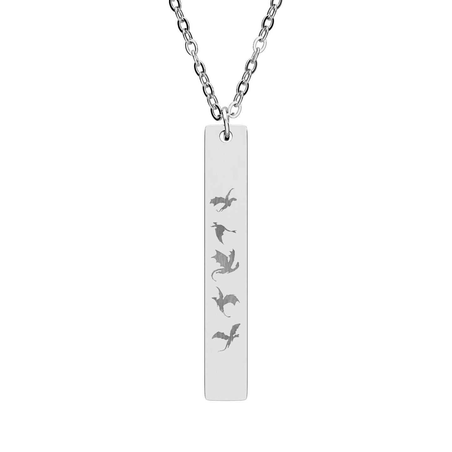 Five Dragons in Flight Engraved Vertical Bar Necklace by Spinsterly Co, stainless steel bar pendant with five dragon silhouettes