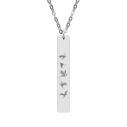 Five Dragons in Flight Engraved Vertical Bar Necklace by Spinsterly Co, stainless steel bar pendant with five dragon silhouettes