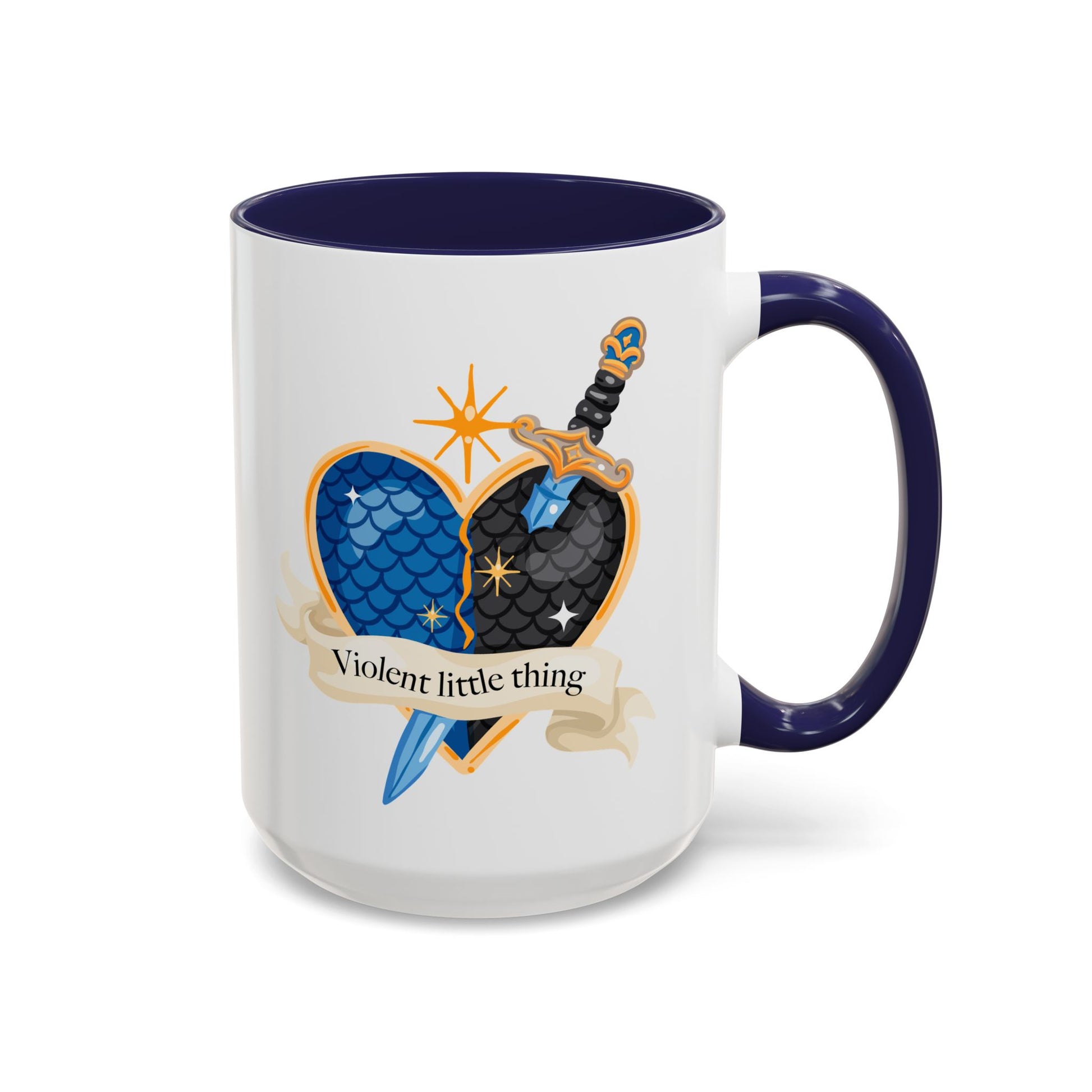Violent Little Thing Heart and Dagger Crest Accent Coffee Mug by Spinsterly Co in Navy ceramic glossy finish