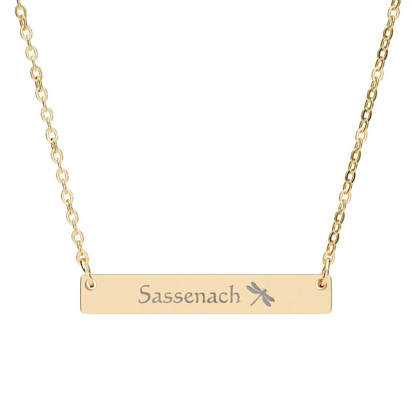 Sassenach Dragonfly Engraved Horizontal Bar Necklace Spinsterly Co 18K Gold PVD coating with minimalist bar pendant