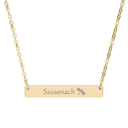 Sassenach Dragonfly Engraved Horizontal Bar Necklace Spinsterly Co 18K Gold PVD coating with minimalist bar pendant
