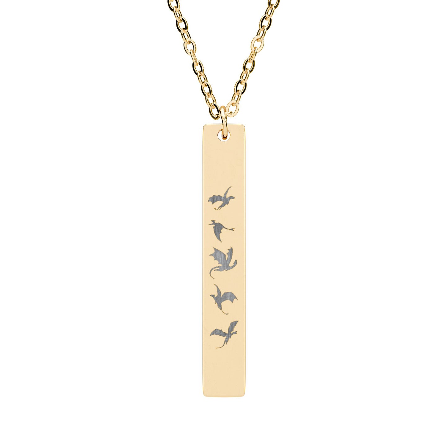 Five Dragons in Flight Engraved Vertical Bar Necklace by Spinsterly Co, gold bar pendant with five descending dragon silhouettes