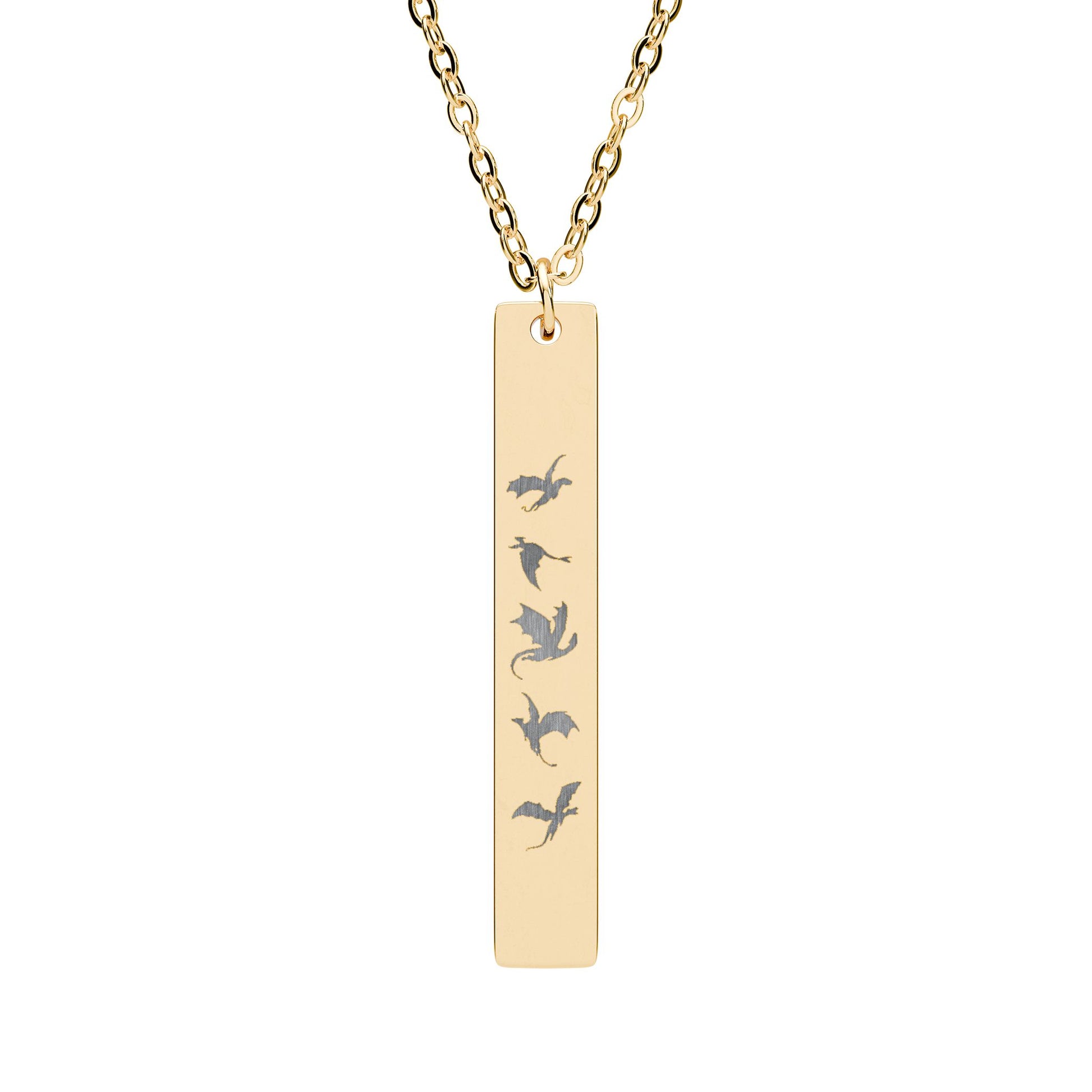 Five Dragons in Flight Engraved Vertical Bar Necklace by Spinsterly Co, gold bar pendant with five descending dragon silhouettes