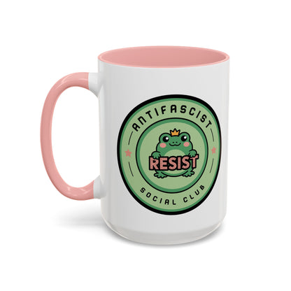Antifascist Social Club Resist Accent Coffee Mug Kawaii Frog Political Mug by Spinsterly Co in Pink and glossy ceramic