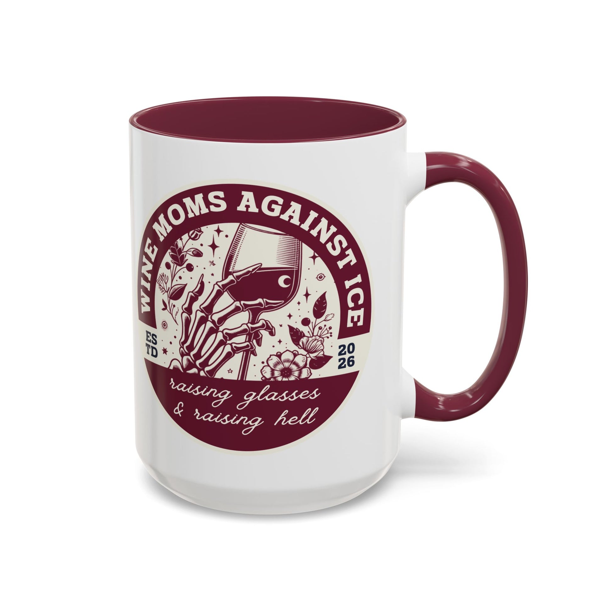 Wine Moms Against Ice Accent Coffee Mug by Spinsterly Co in maroon with vintage badge design and glossy ORCA coating