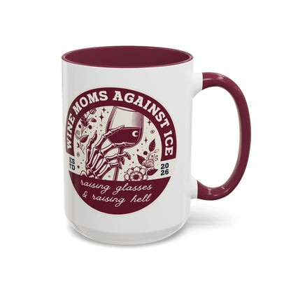 Wine Moms Against Ice Accent Coffee Mug by Spinsterly Co in maroon with vintage badge design and glossy ORCA coating