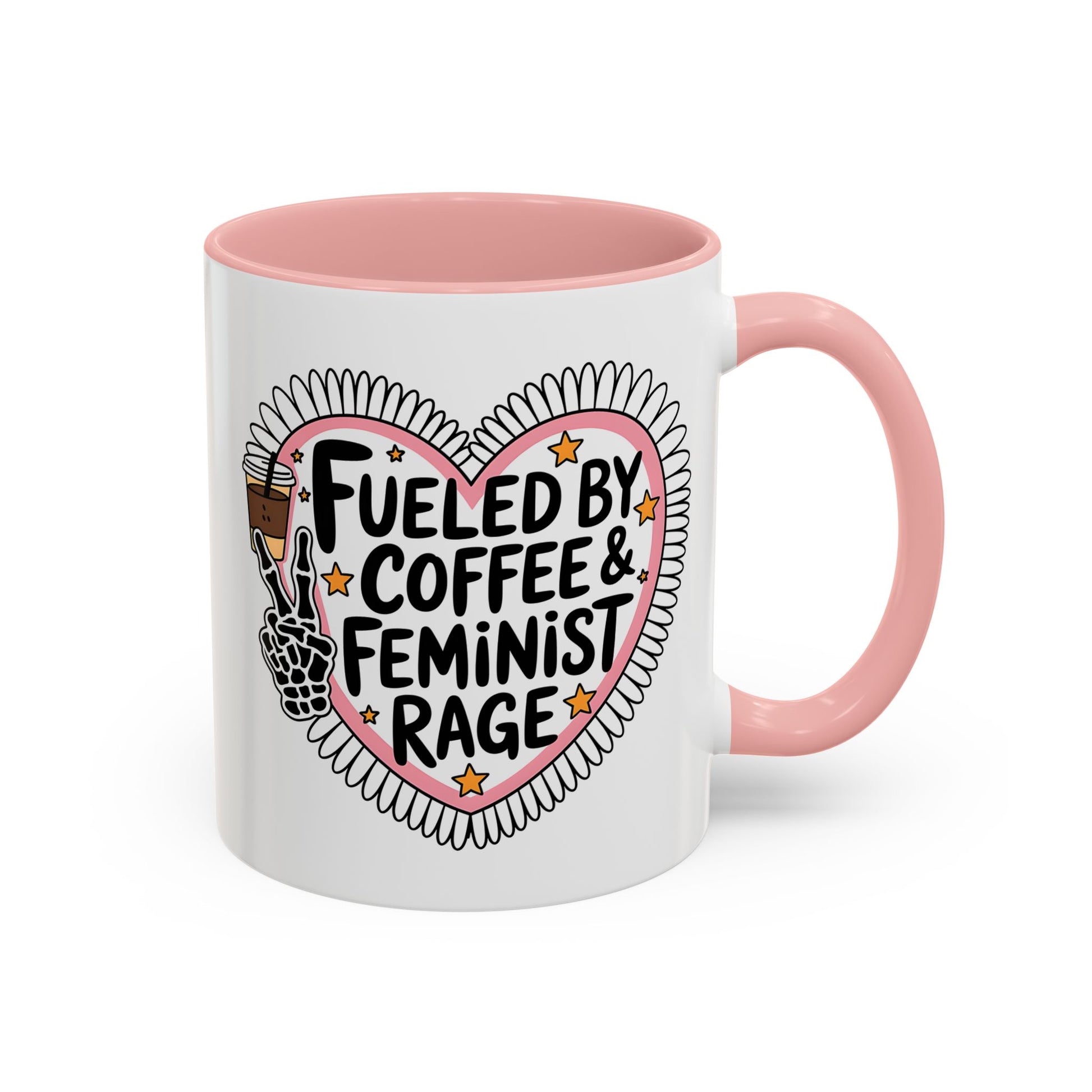 Fueled by Coffee Feminist Rage Accent Coffee Mug Spinsterly Co pink glossy ceramic with daisy edged heart badge