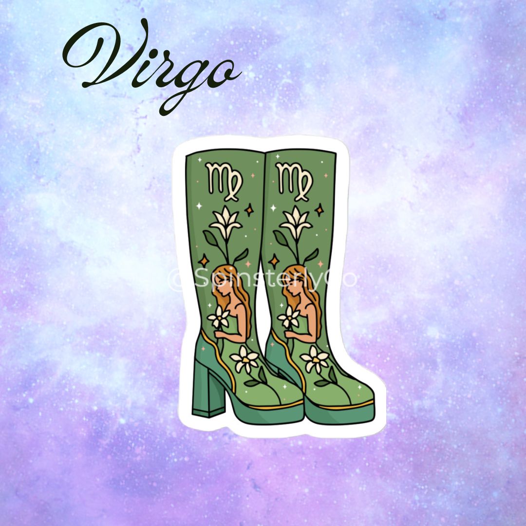 A die-cut sticker featuring a green pair of cowboy boots decorated with white flowers, gold stars, and a central illustration of a woman, with the Virgo symbol above. The sticker is displayed on a purple and blue galaxy-patterned background with the word 'Virgo' written in black script.