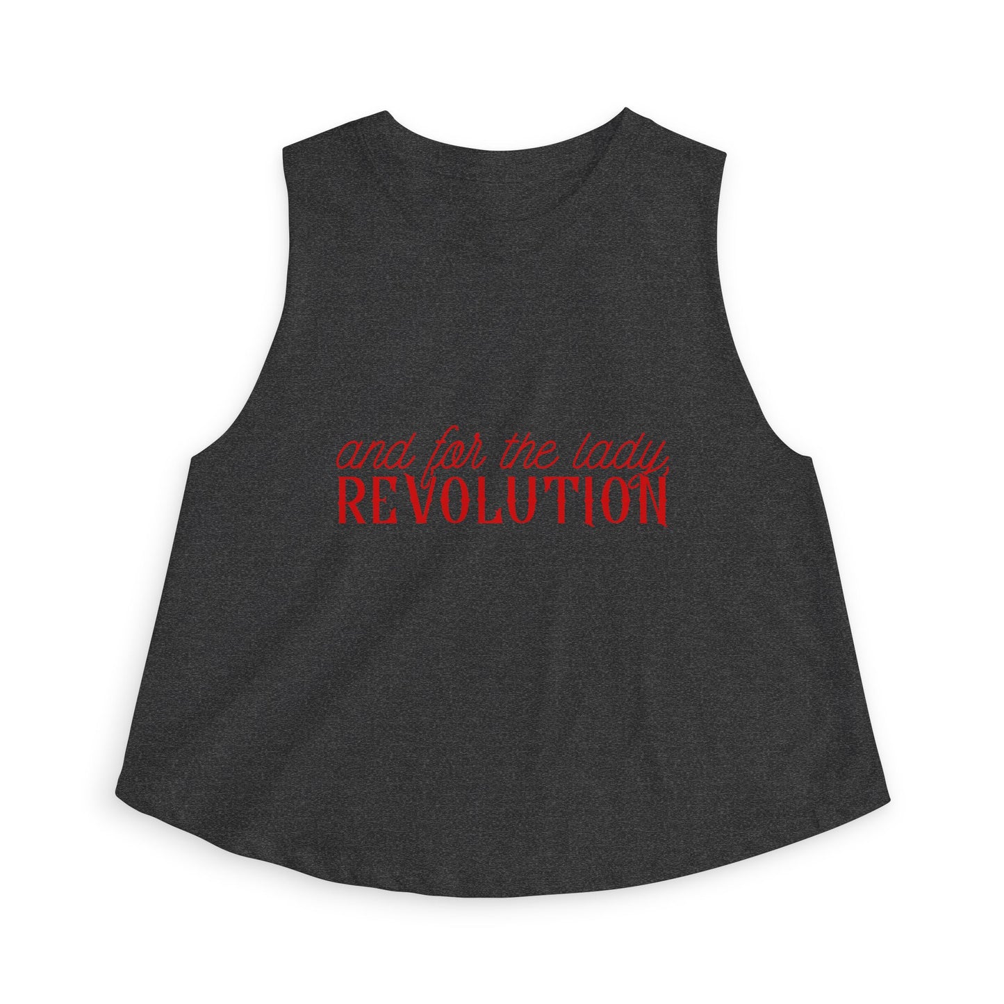 And for the Lady, Revolution Spinsterly Co graphic tank in Dark Grey Heather with red Revolution slogan