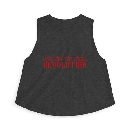 And for the Lady, Revolution Spinsterly Co graphic tank in Dark Grey Heather with red Revolution slogan