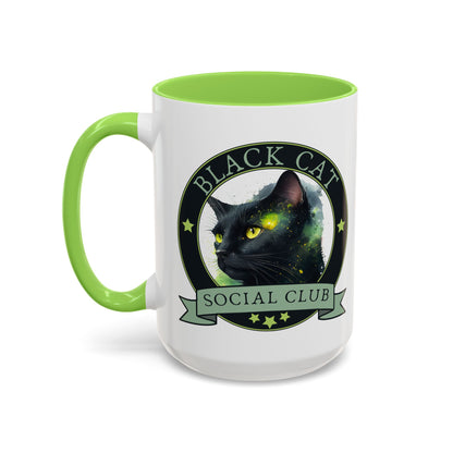 Black Cat Social Club Accent Coffee Mug by Spinsterly Co in Light Green with full-wrap printed cat artwork