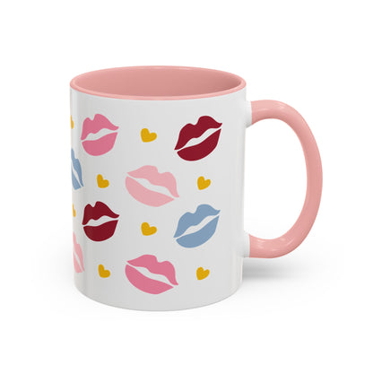 Lips Hearts Kiss Pattern Accent Coffee Mug Pink Valentine Romantic Gift Spinsterly Co ceramic glossy finish