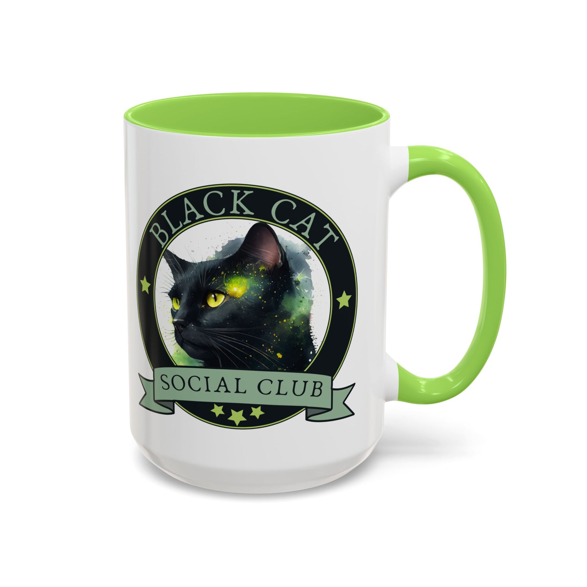 Black Cat Social Club Accent Coffee Mug by Spinsterly Co in light green with full wrap cat artwork