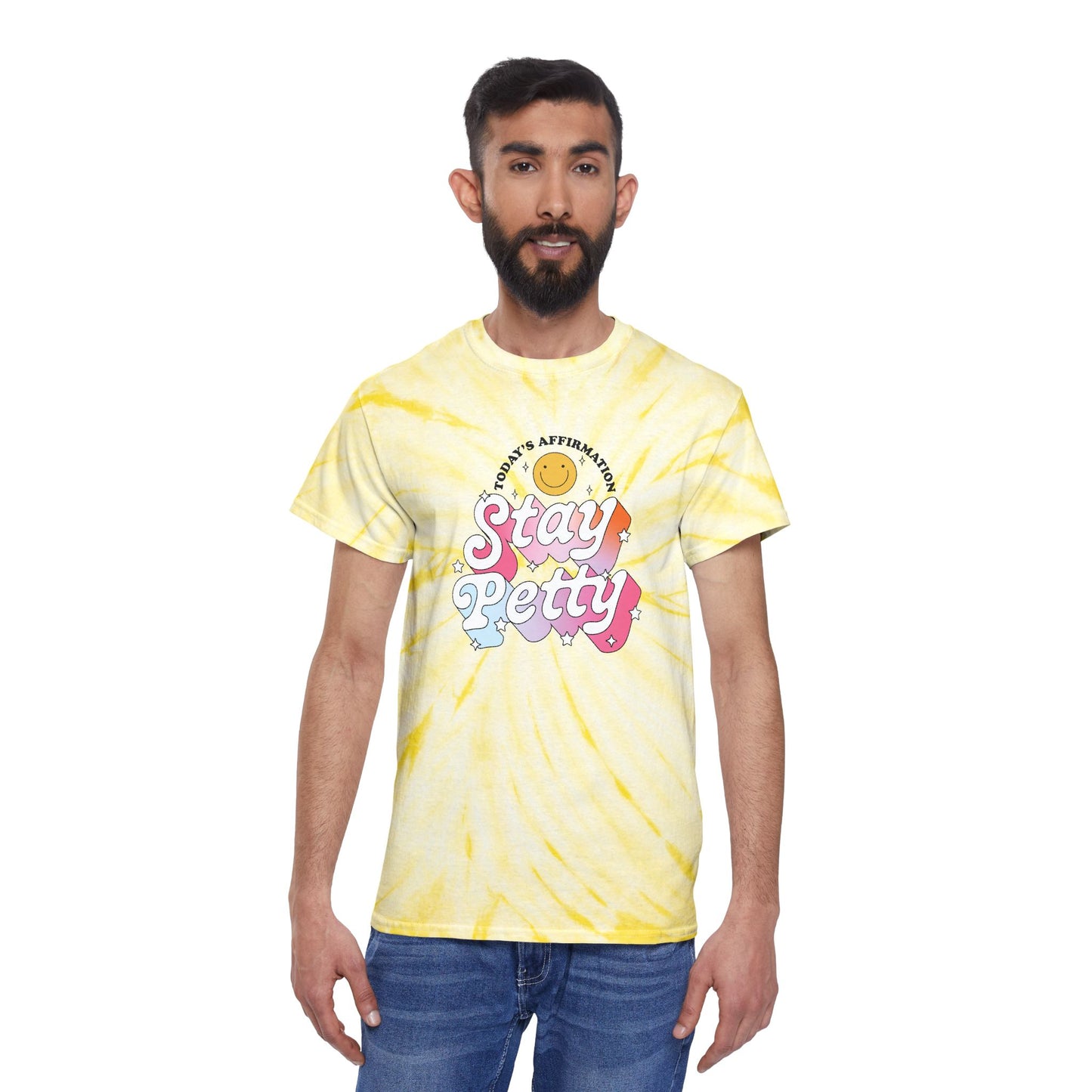 Stay Petty Tie-Dye Graphic Tee Today's Affirmation Smiley Shirt by Spinsterly Co in Pale Yellow with arched graphic