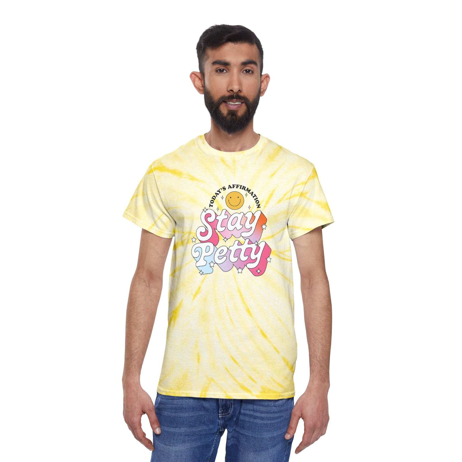 Stay Petty Tie-Dye Graphic Tee Today's Affirmation Smiley Shirt by Spinsterly Co in Pale Yellow with arched graphic
