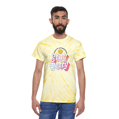 Stay Petty Tie-Dye Graphic Tee Today's Affirmation Smiley Shirt by Spinsterly Co in Pale Yellow with arched graphic