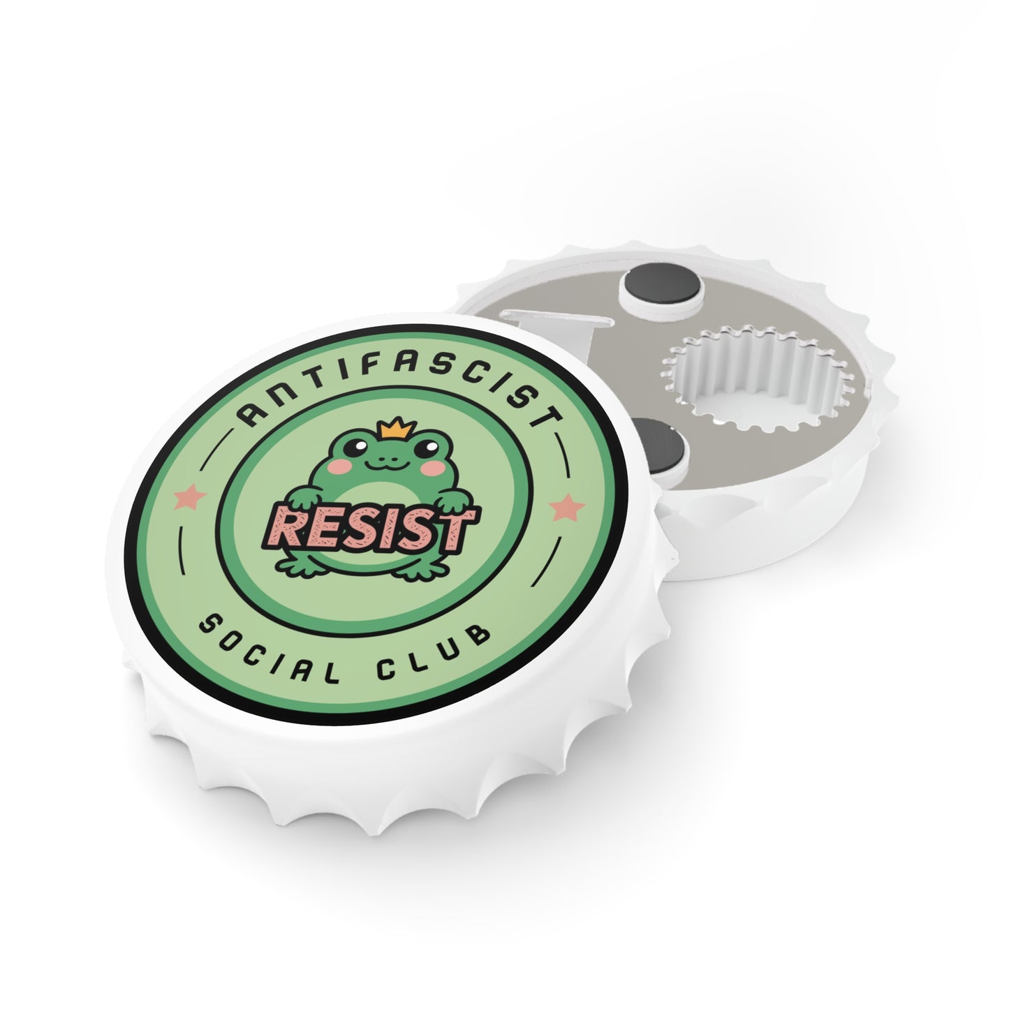 Antifascist Social Club Resist Bottle Opener Kawaii Frog Political Bar Tool by Spinsterly Co, white