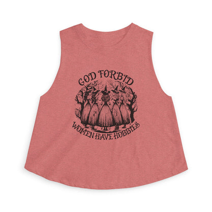God Forbid Women Have Hobbies Crop Top by Spinsterly Co in Heather Mauve with vintage-style witch graphic
