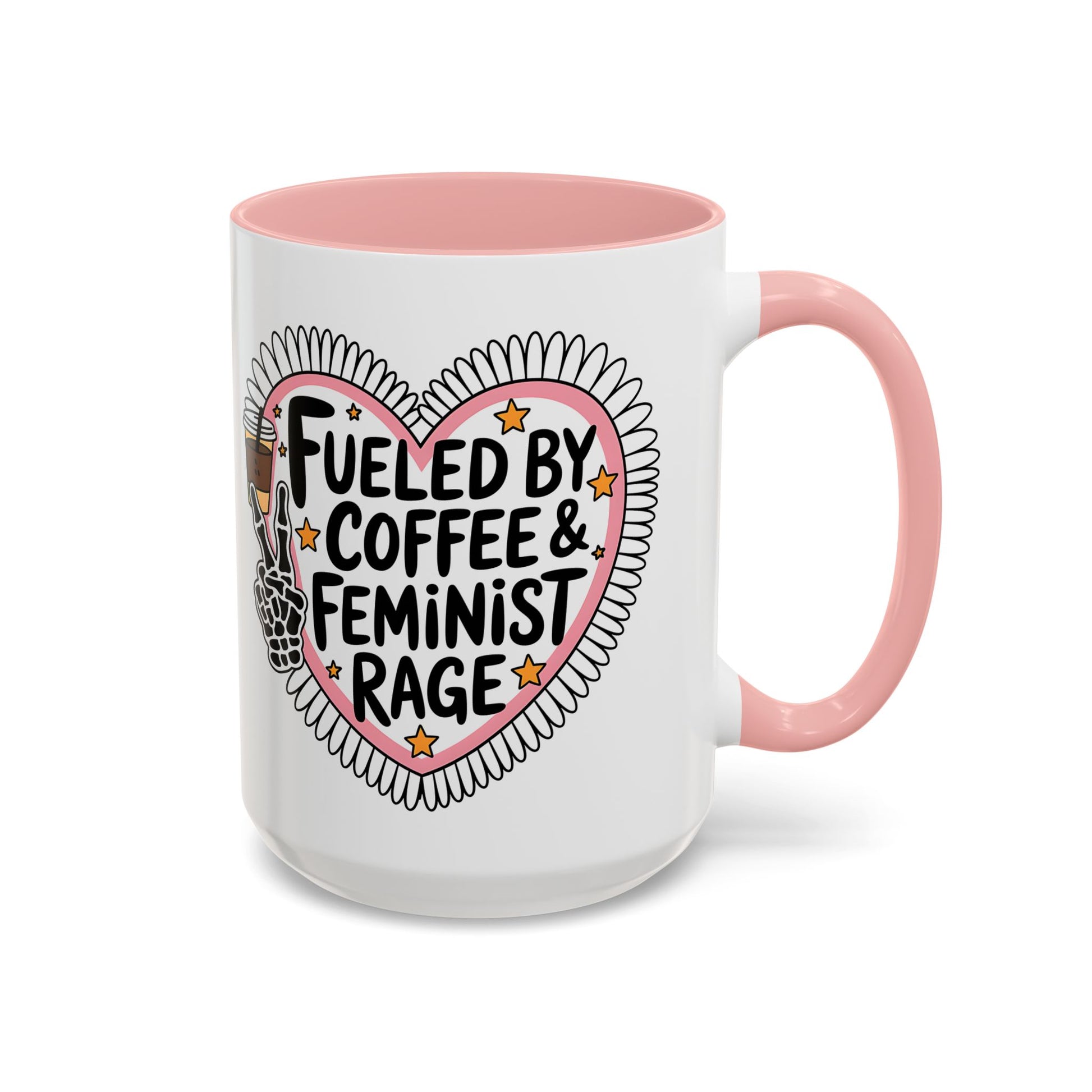 Fueled by Coffee Feminist Rage Accent Coffee Mug Spinsterly Co pink glossy ceramic with daisy-edged heart badge