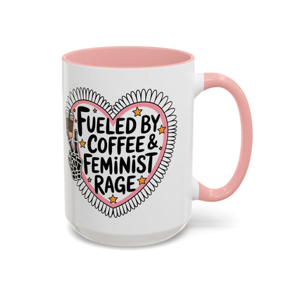 Fueled by Coffee Feminist Rage Accent Coffee Mug Spinsterly Co pink glossy ceramic with daisy-edged heart badge
