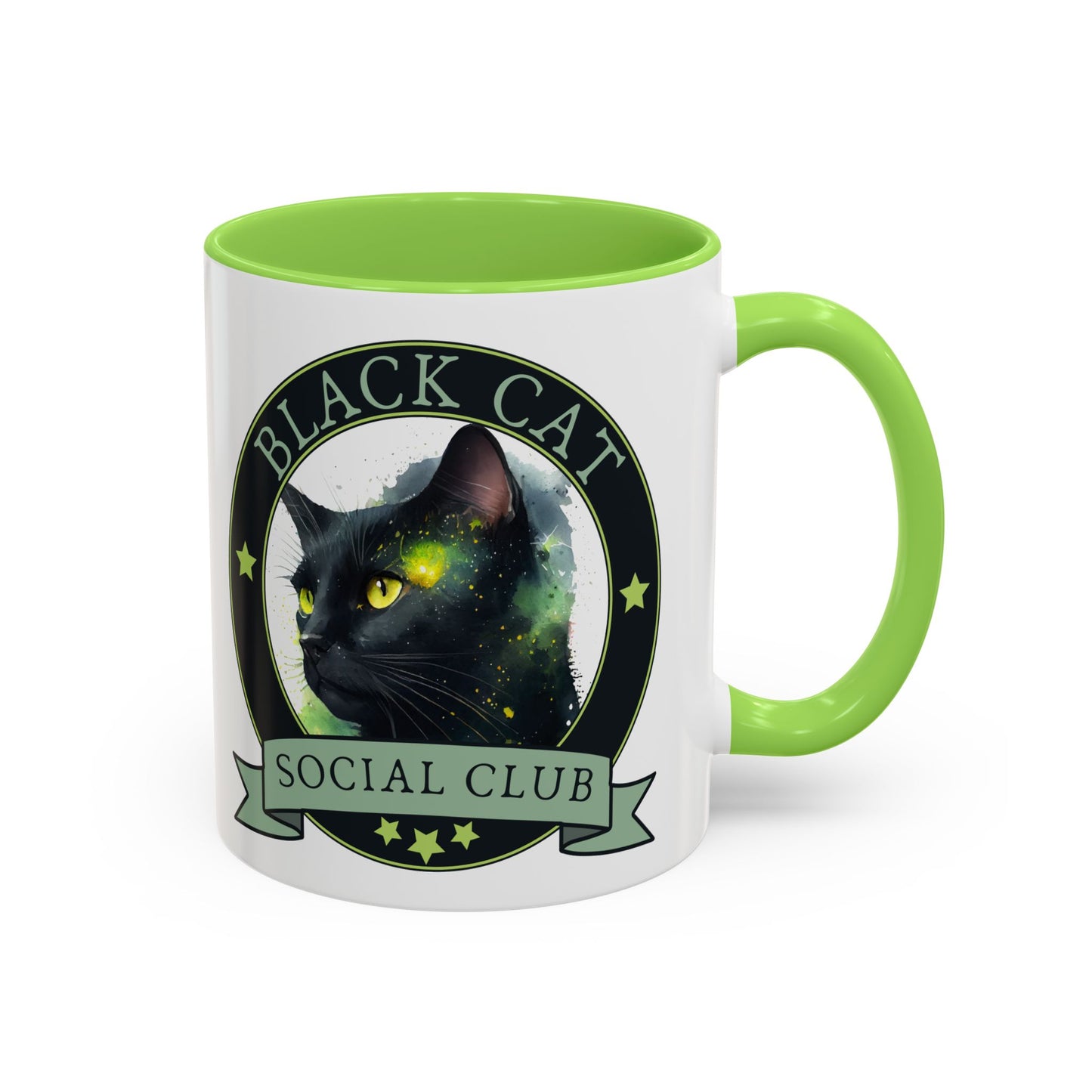 Black Cat Social Club Accent Coffee Mug Spinsterly Co light green ceramic with full wrap cat artwork