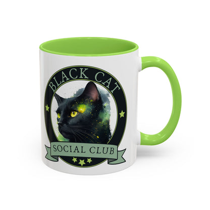 Black Cat Social Club Accent Coffee Mug Spinsterly Co light green ceramic with full wrap cat artwork