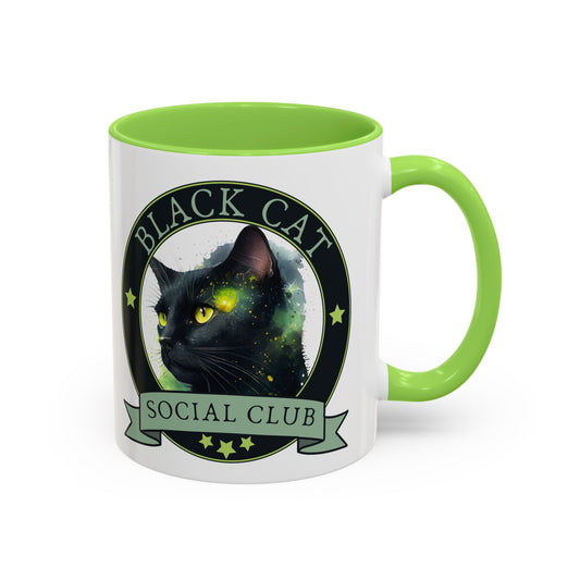 Black Cat Social Club Accent Coffee Mug Spinsterly Co light green ceramic with full wrap cat artwork