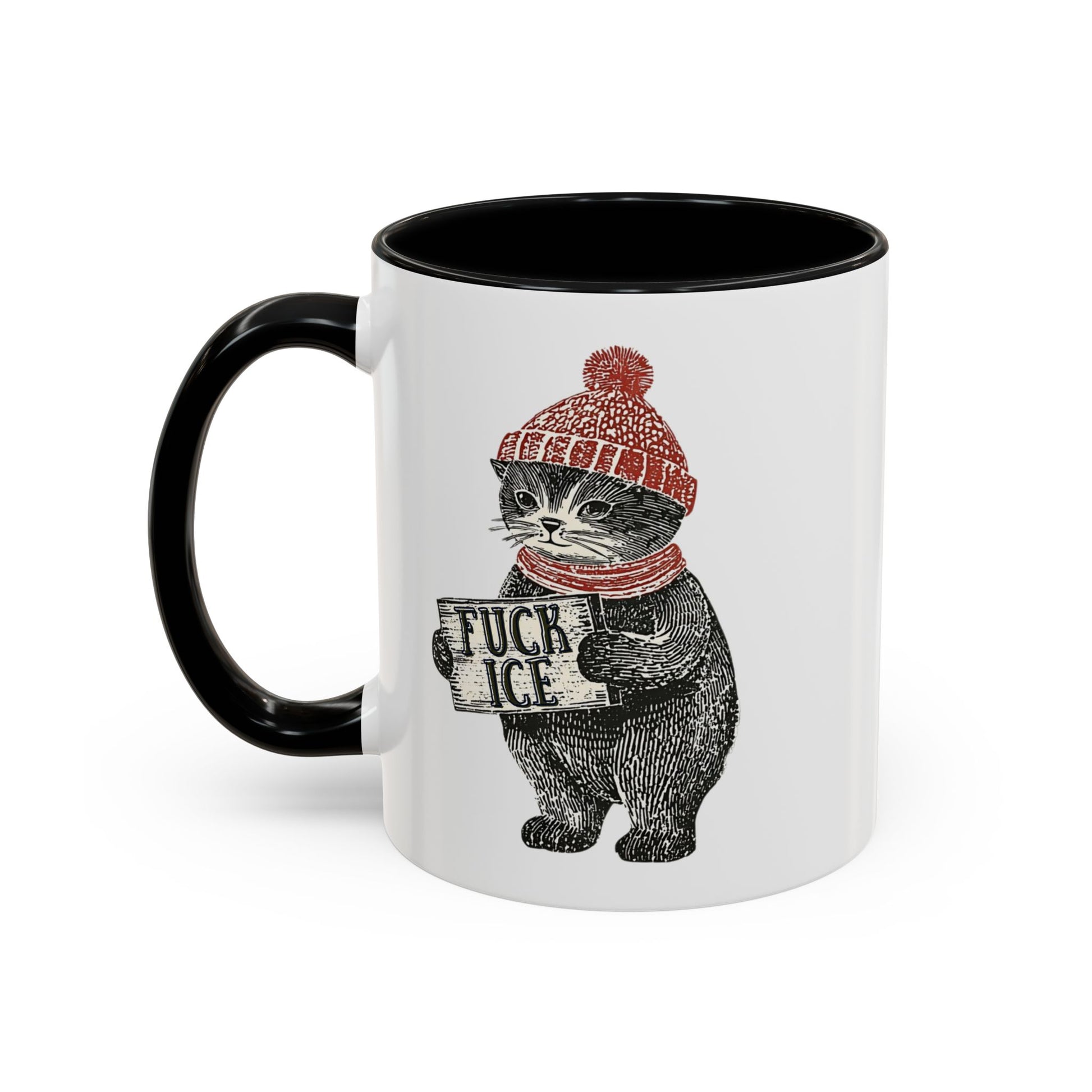 Cat in Beanie Fck Ice Accent Coffee Mug by Spinsterly Co, black ceramic with protest cat graphic