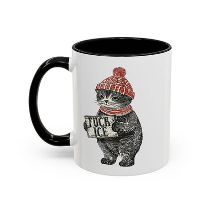 Cat in Beanie Fck Ice Accent Coffee Mug by Spinsterly Co, black ceramic with protest cat graphic